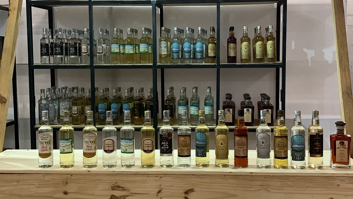 Garrafas de cachaça de produtores associados, com rótulos variados, enfileiradas sobre uma bancada de madeira e nas prateleiras ao fundo